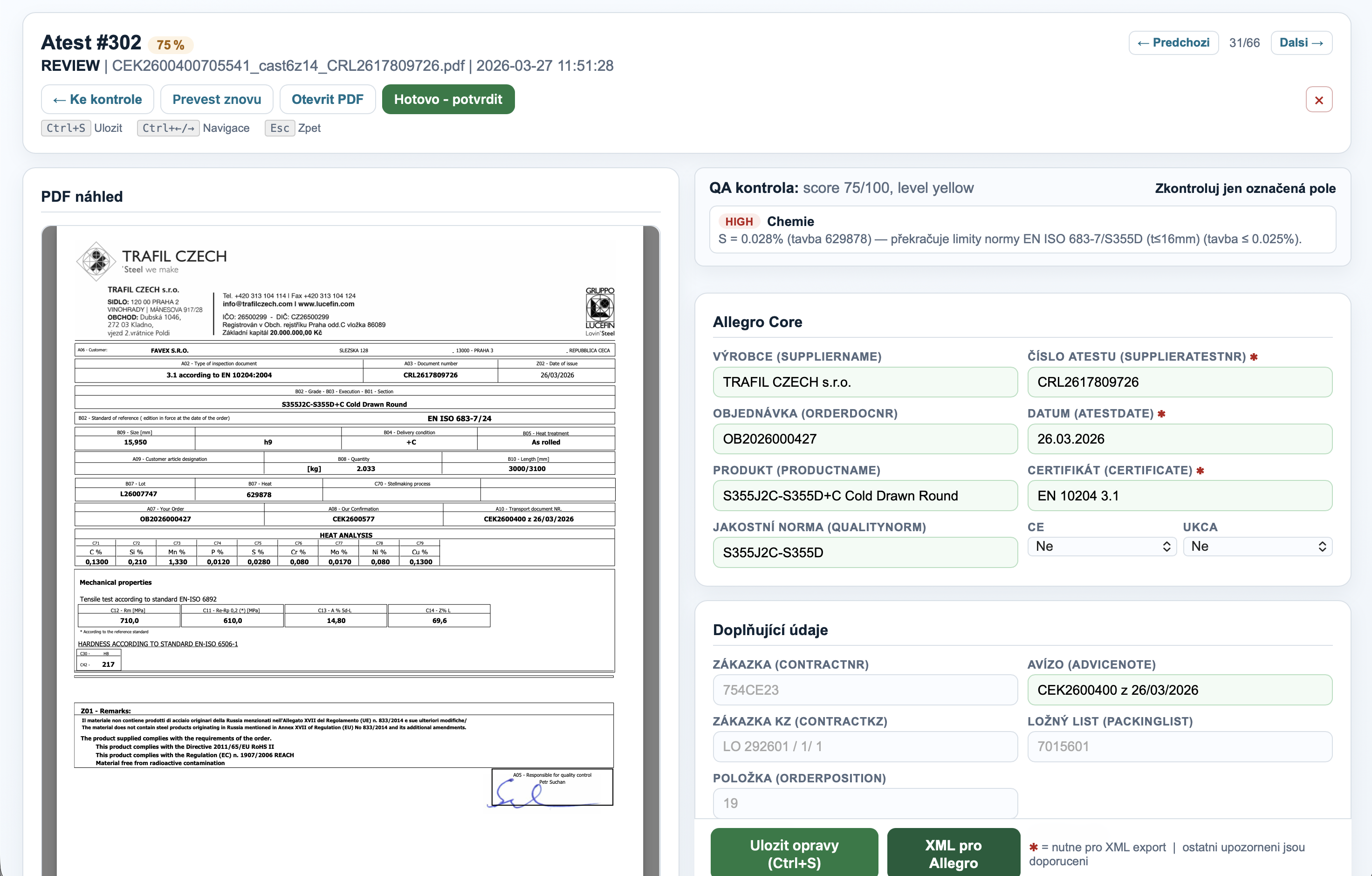 Rozhraní aplikace Favex pro vytěžování atestů